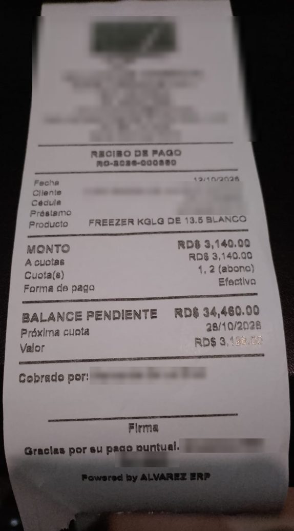 Recibo impreso de pago de cuota con balance pendiente y próxima cuota, generado por Alvarez ERP